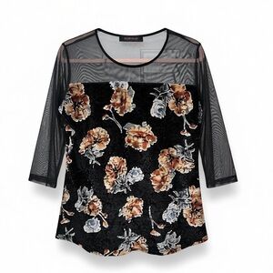 SOPHIA Floral Burnout Velvet & Mesh Top – Black – Size 34 (S/M) – EUC